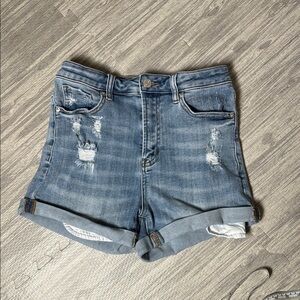 Risen High Waisted Denim Blue Women's Distressed Shorts Size M